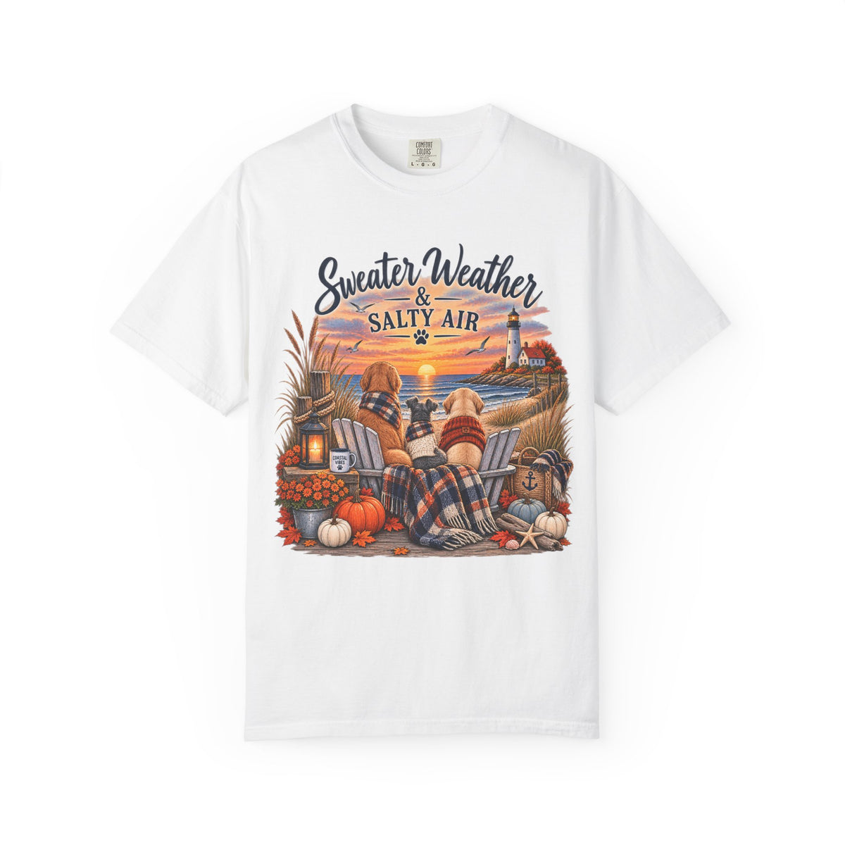 Sweater Weather & Salty Air T-Shirt — Autumn Beach Sunset Graphic Tee