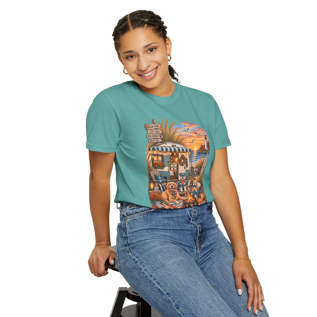 Campfires, Coastlines & Canines T-Shirt — Retro Camper Dog Camping Graphic Tee