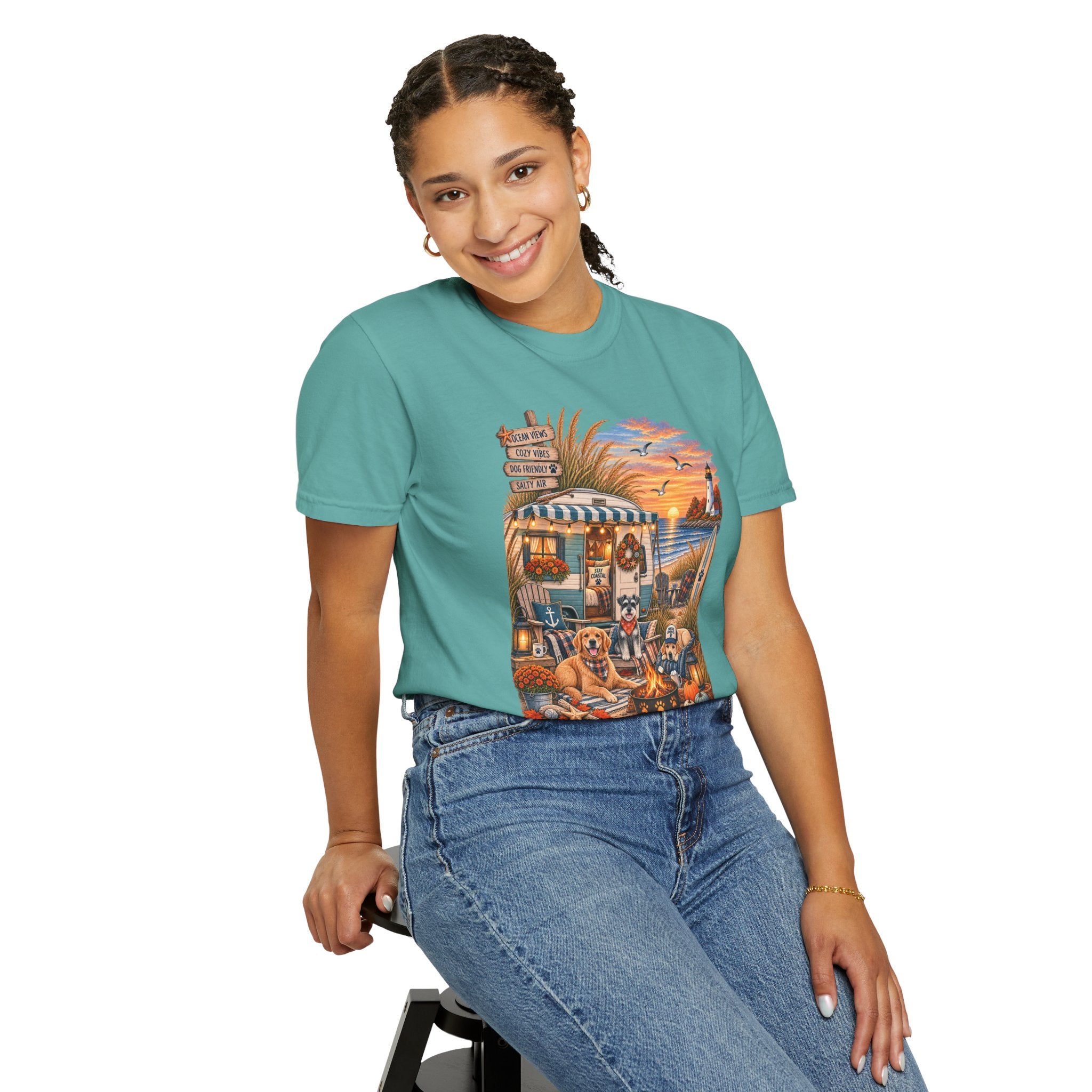 Campfires, Coastlines & Canines T-Shirt — Retro Camper Dog Camping Graphic Tee