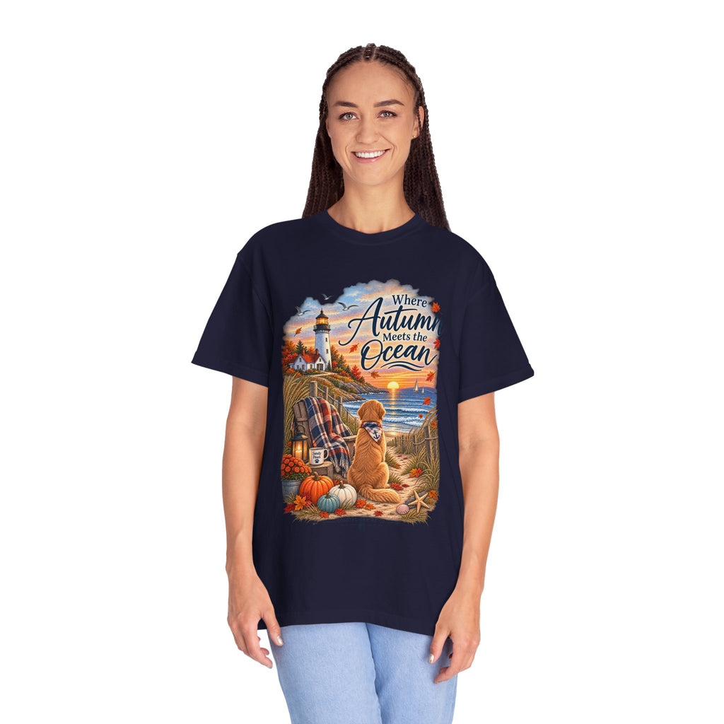 Autumn Meets the Ocean T-Shirt — Cozy Coastal Fall Tee with Golden Retriever