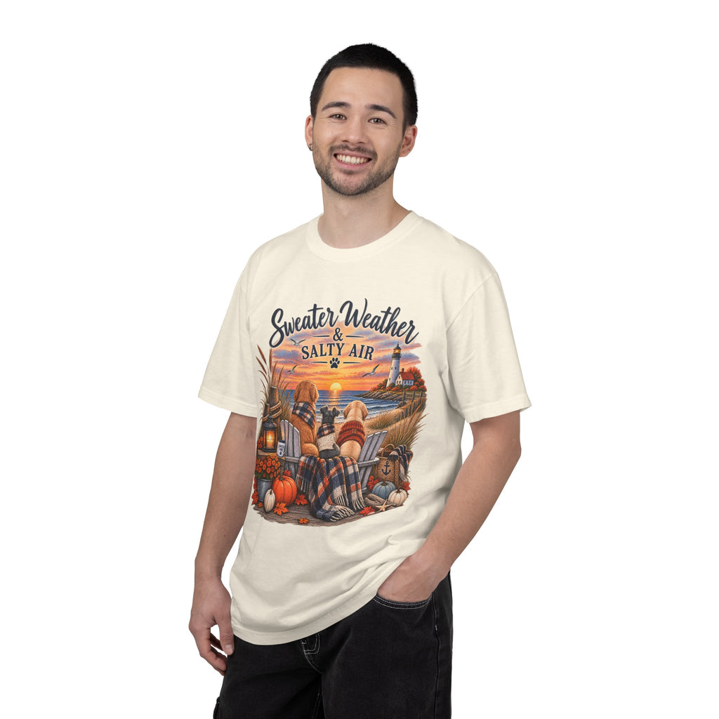 Sweater Weather & Salty Air T-Shirt — Autumn Beach Sunset Graphic Tee