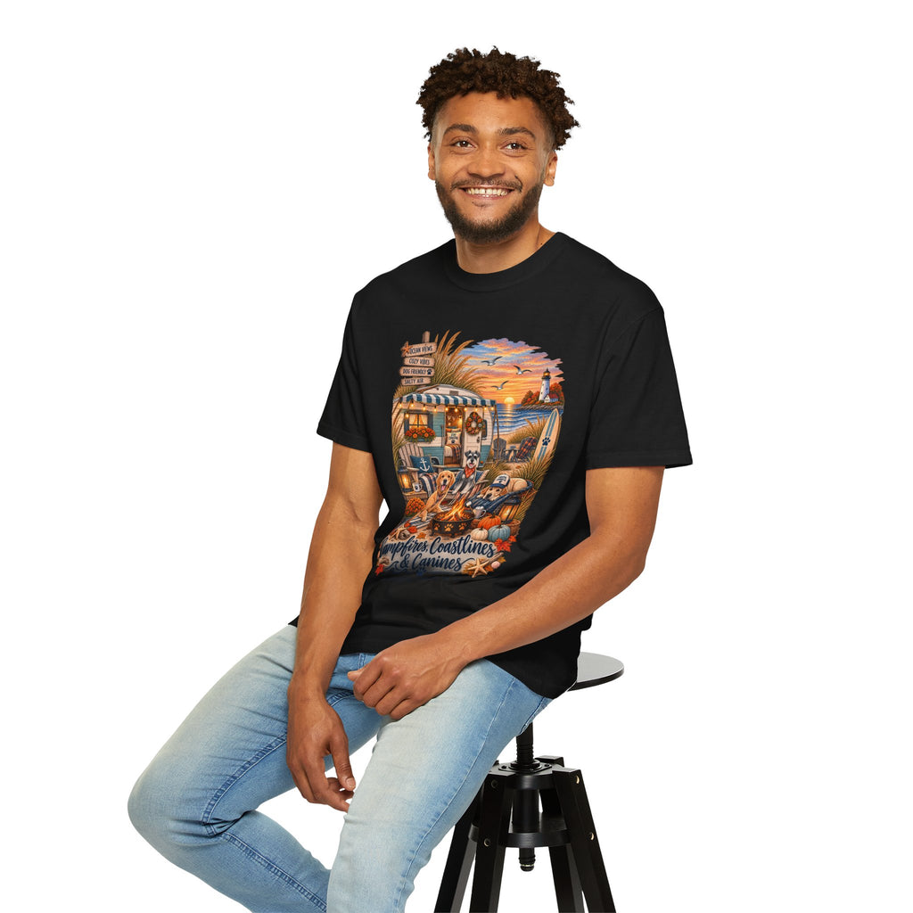 Campfires, Coastlines & Canines T-Shirt — Retro Camper Dog Camping Graphic Tee