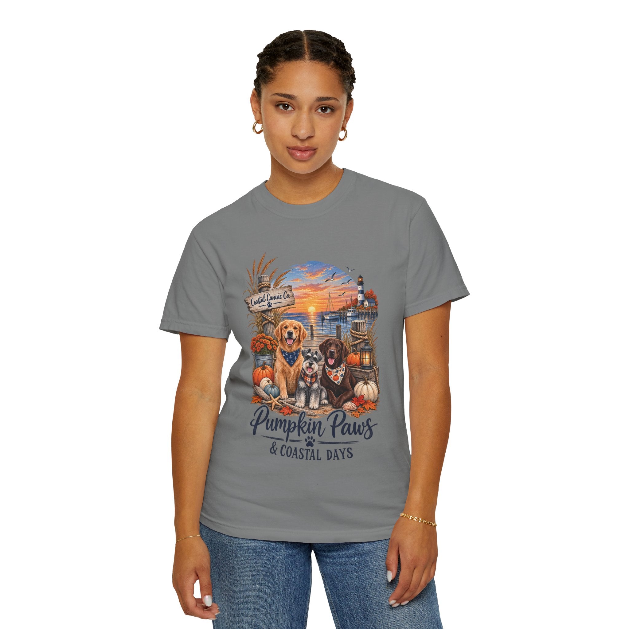 Pumpkin Paws & Coastal Days T-Shirt — Autumn Dogs by the Harbor