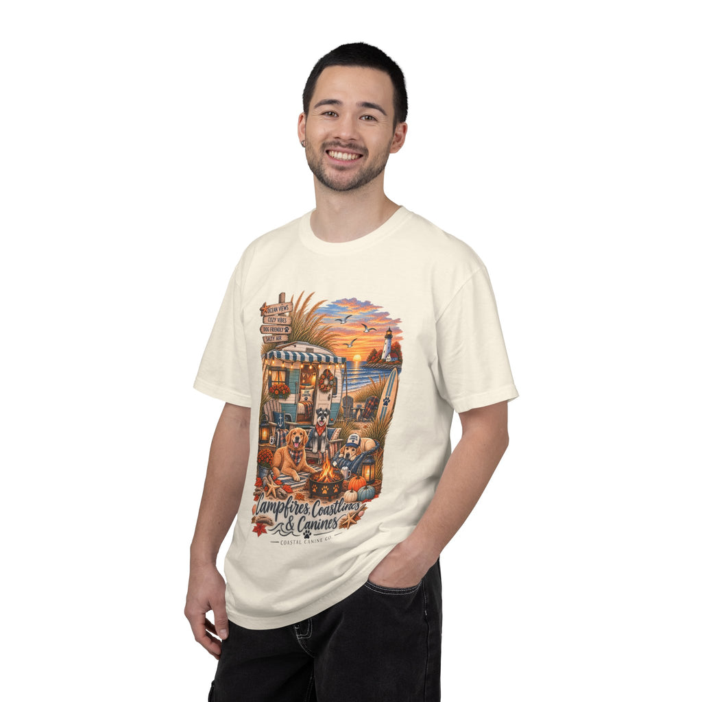 Campfires, Coastlines & Canines T-Shirt — Retro Camper Dog Camping Graphic Tee