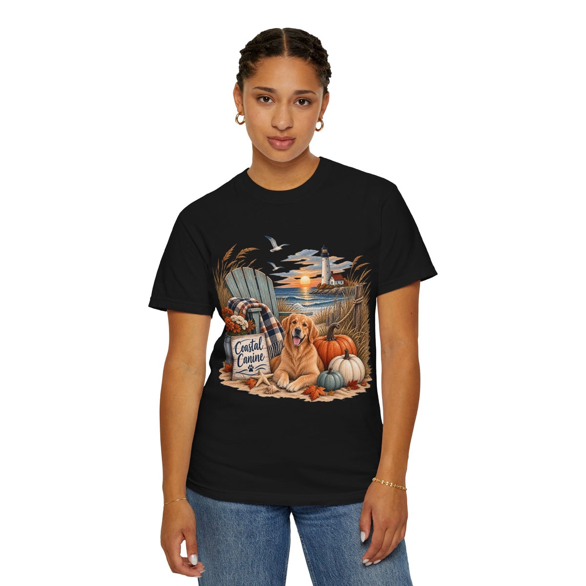 Coastal Canine Fall T-Shirt — Lighthouse, Labrador & Pumpkin Beach Tee