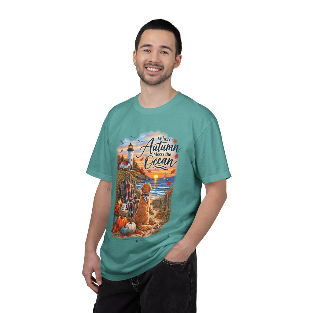 Autumn Meets the Ocean T-Shirt — Cozy Coastal Fall Tee with Golden Retriever