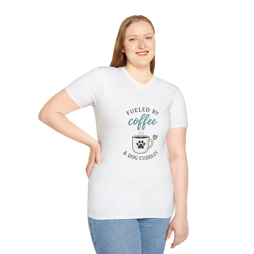 Fueled by Coffee & Dog Cuddles T-Shirt — Cute Coffee Lover Tee for Dog Moms