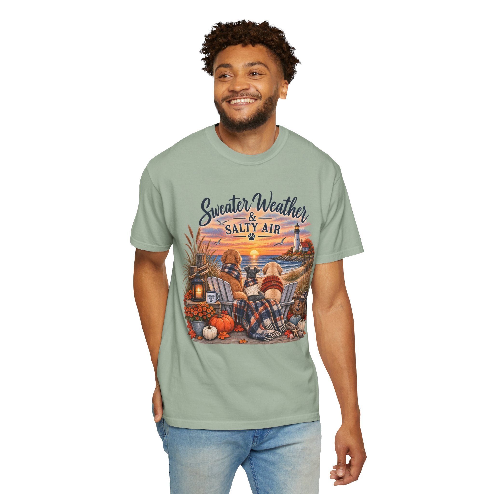 Sweater Weather & Salty Air T-Shirt — Autumn Beach Sunset Graphic Tee
