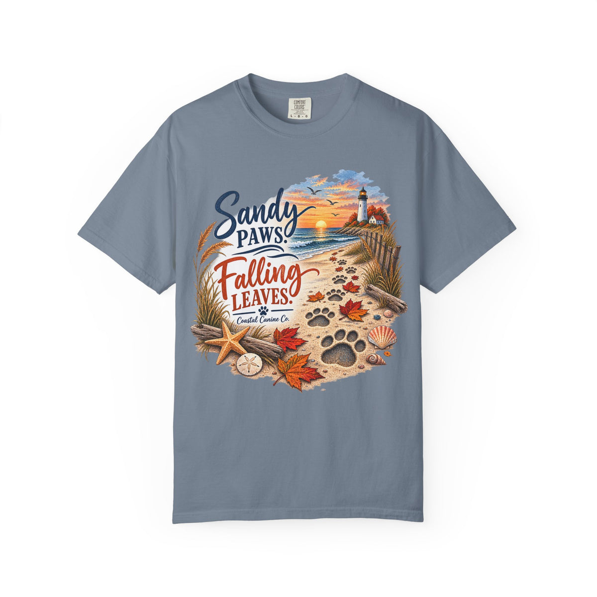 Sandy Paws Falling Leaves Beach T-Shirt — Autumn Coastal Dog Lover Tee