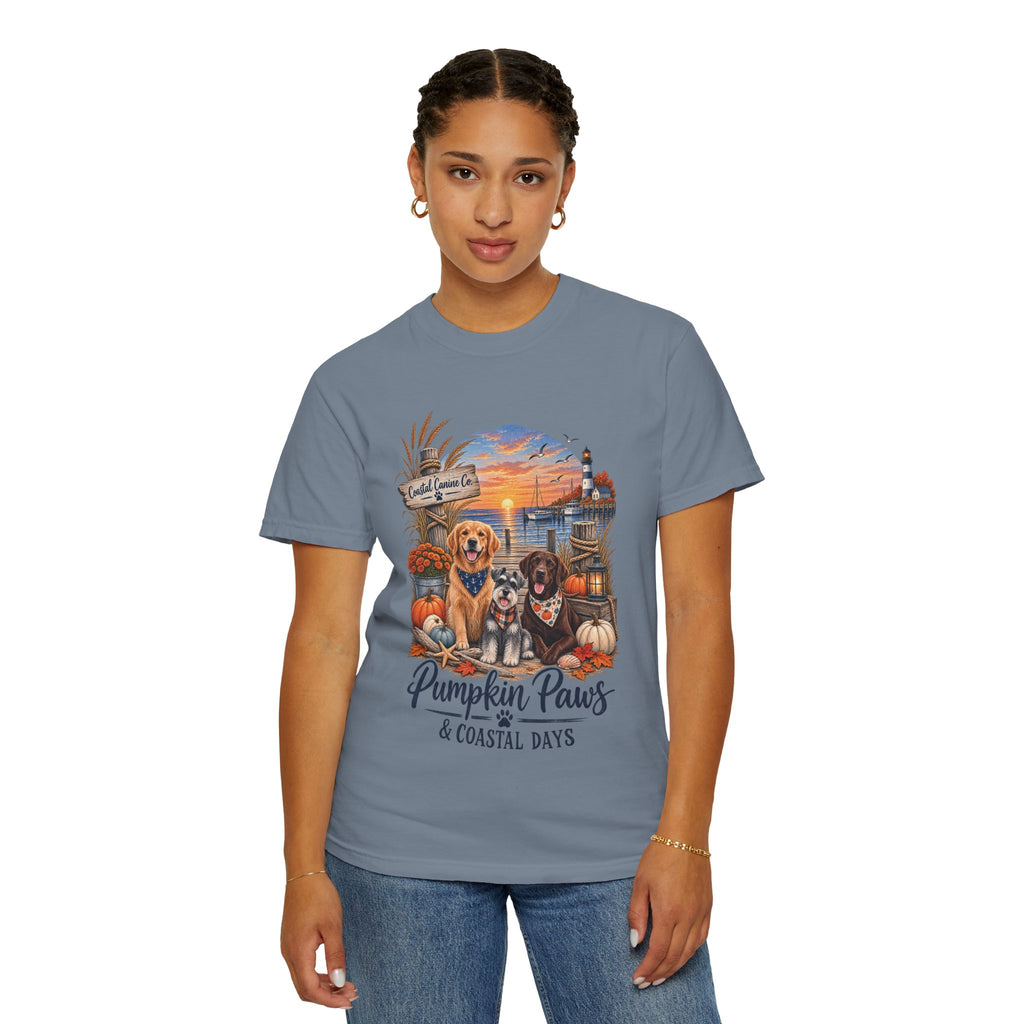Pumpkin Paws & Coastal Days T-Shirt — Autumn Dogs by the Harbor