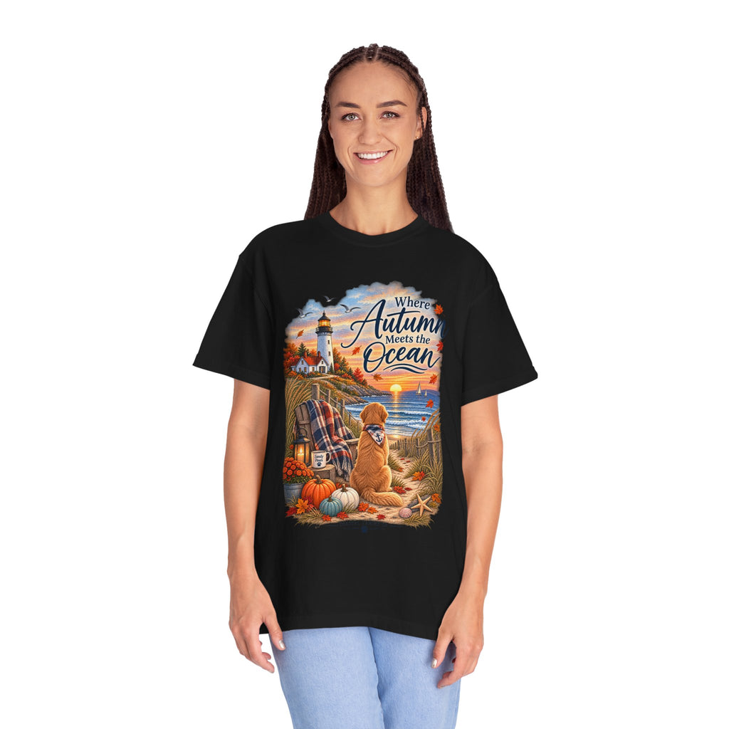 Autumn Meets the Ocean T-Shirt — Cozy Coastal Fall Tee with Golden Retriever