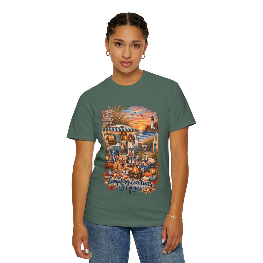 Campfires, Coastlines & Canines T-Shirt — Retro Camper Dog Camping Graphic Tee