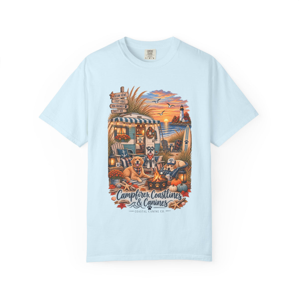Campfires, Coastlines & Canines T-Shirt — Retro Camper Dog Camping Graphic Tee