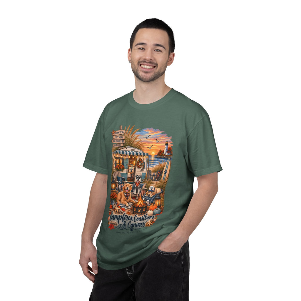 Campfires, Coastlines & Canines T-Shirt — Retro Camper Dog Camping Graphic Tee