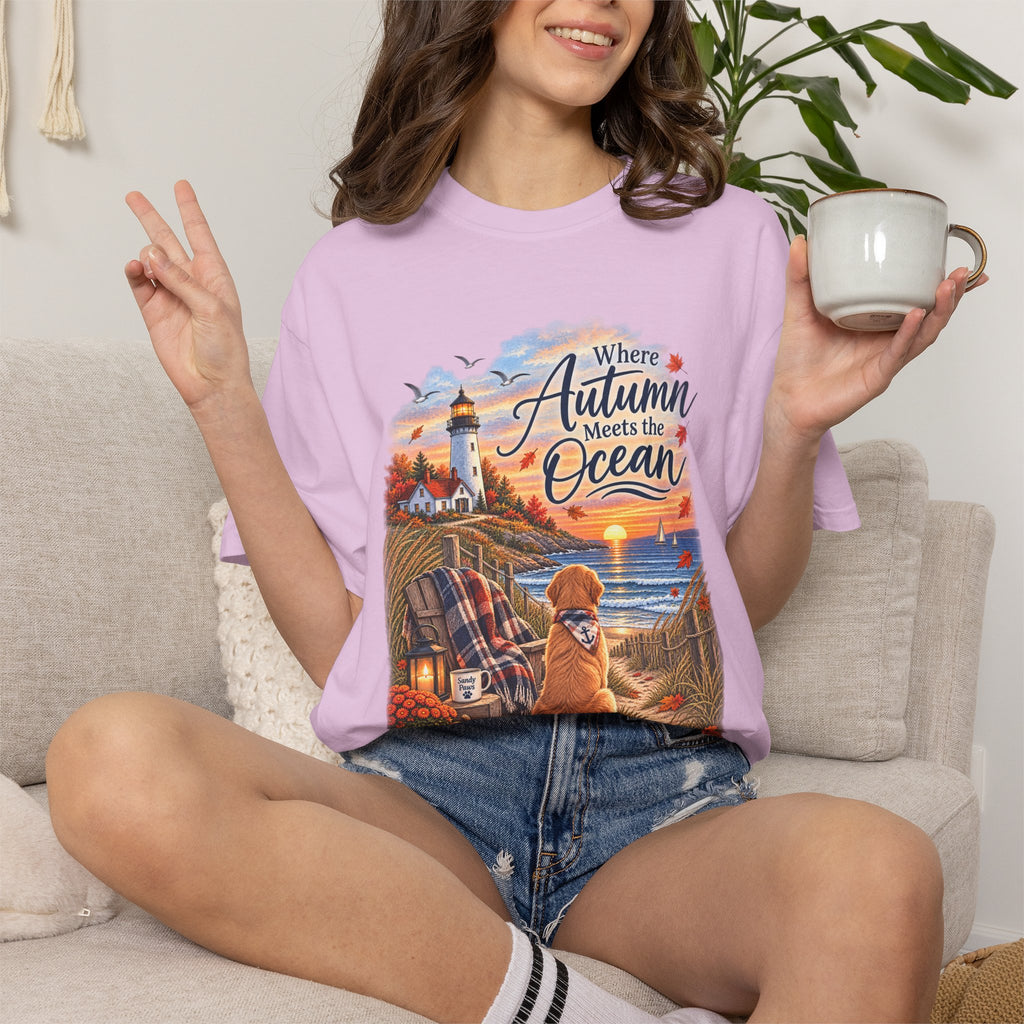 Autumn Meets the Ocean T-Shirt — Cozy Coastal Fall Tee with Golden Retriever