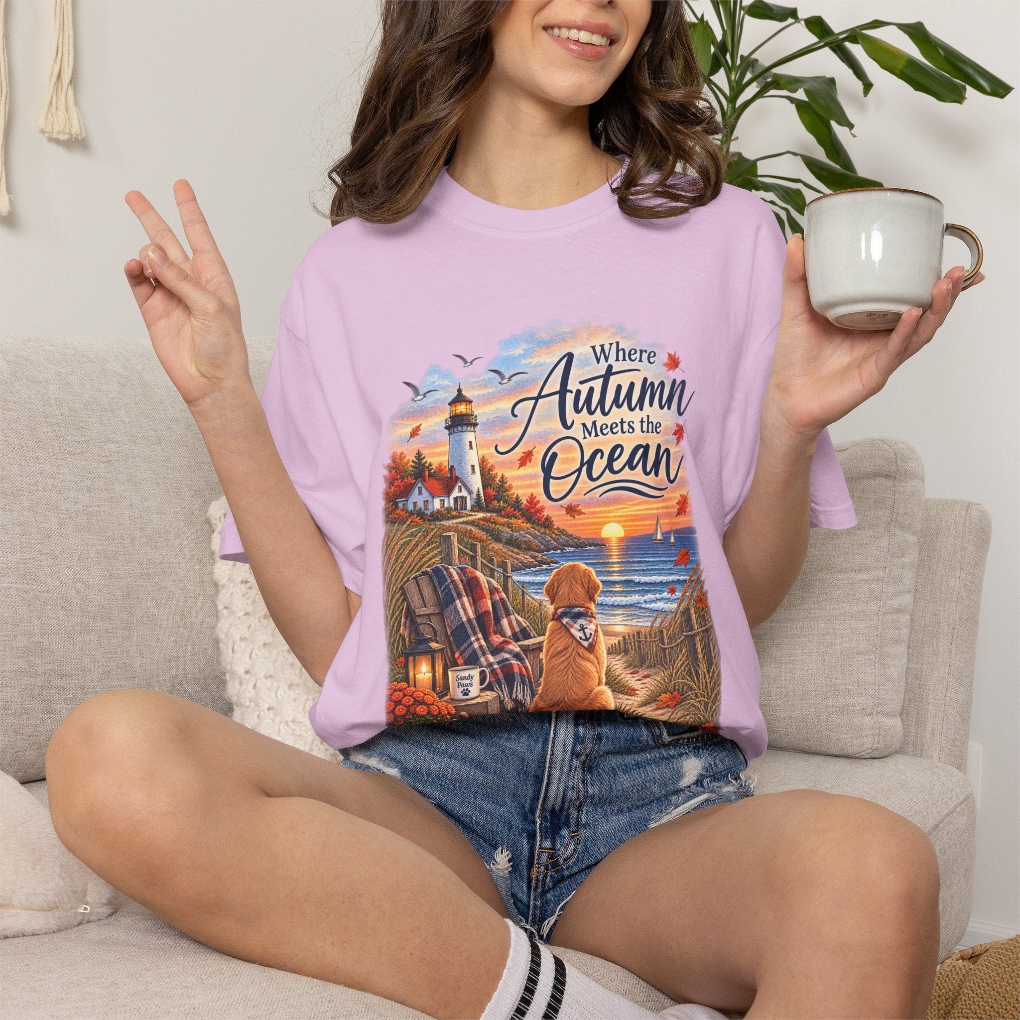 Autumn Meets the Ocean T-Shirt — Cozy Coastal Fall Tee with Golden Retriever