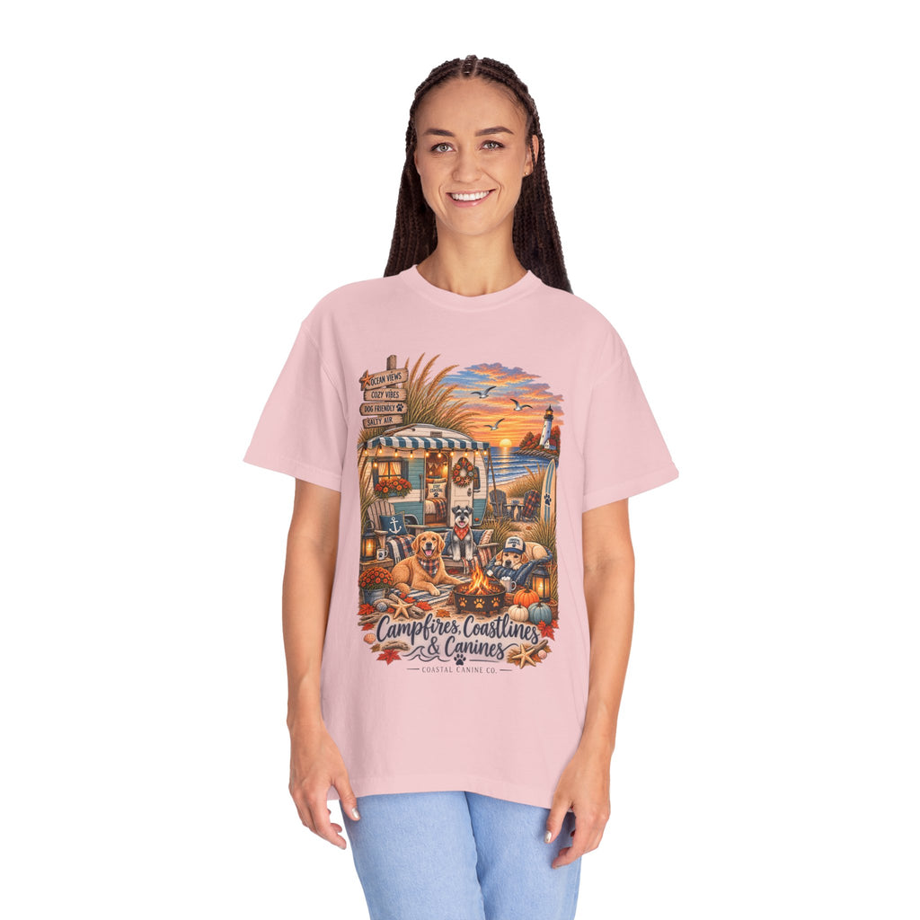 Campfires, Coastlines & Canines T-Shirt — Retro Camper Dog Camping Graphic Tee