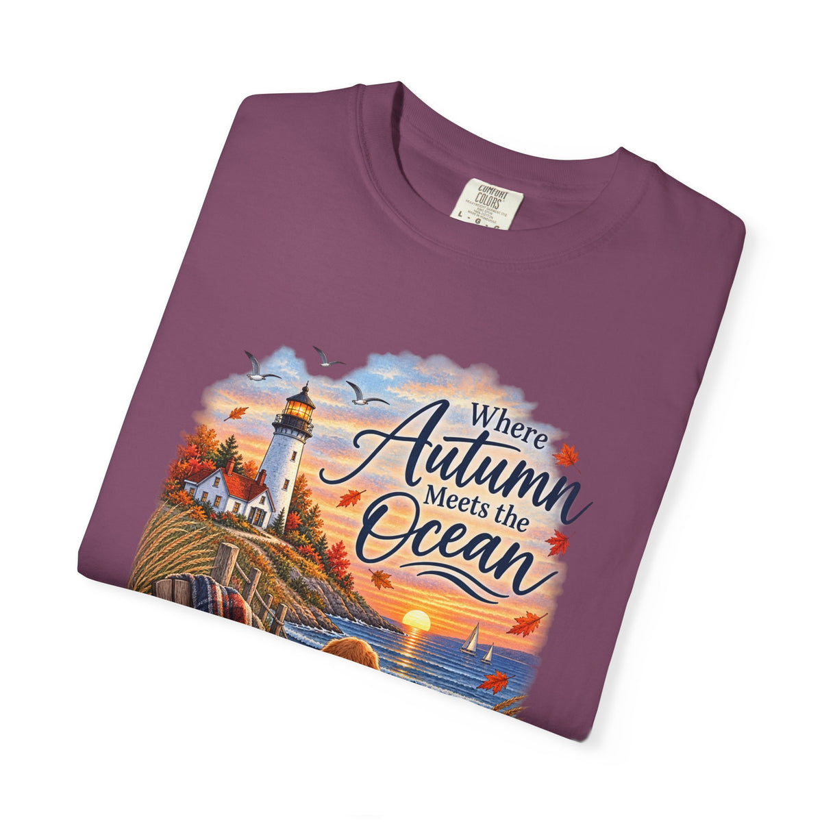 Autumn Meets the Ocean T-Shirt — Cozy Coastal Fall Tee with Golden Retriever