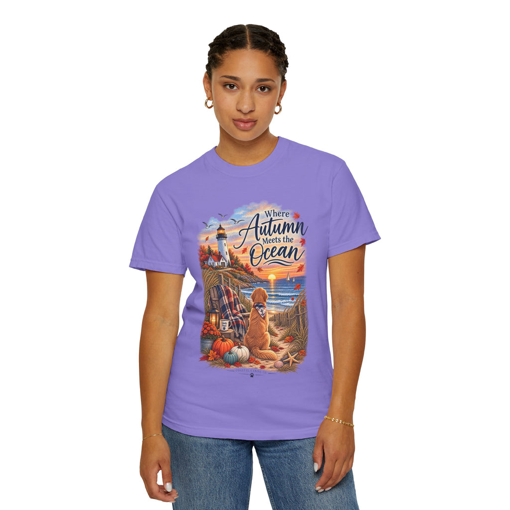Autumn Meets the Ocean T-Shirt — Cozy Coastal Fall Tee with Golden Retriever