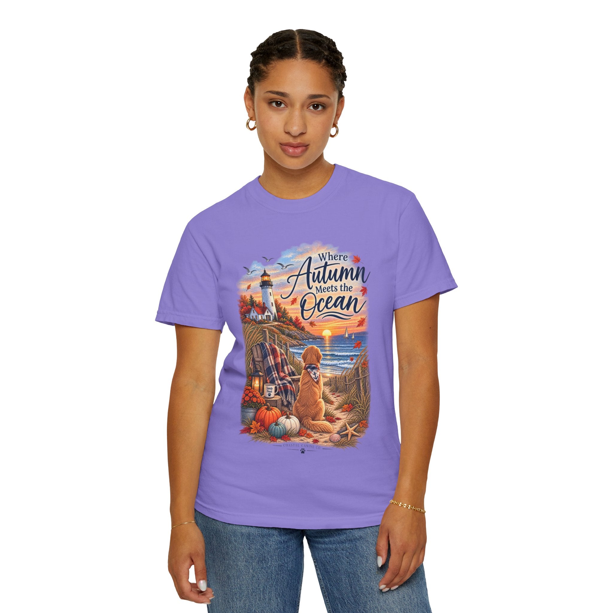 Autumn Meets the Ocean T-Shirt — Cozy Coastal Fall Tee with Golden Retriever
