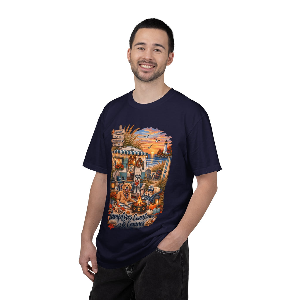 Campfires, Coastlines & Canines T-Shirt — Retro Camper Dog Camping Graphic Tee