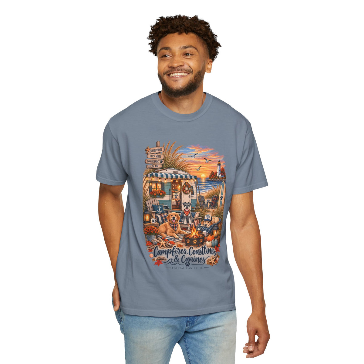 Campfires, Coastlines & Canines T-Shirt — Retro Camper Dog Camping Graphic Tee
