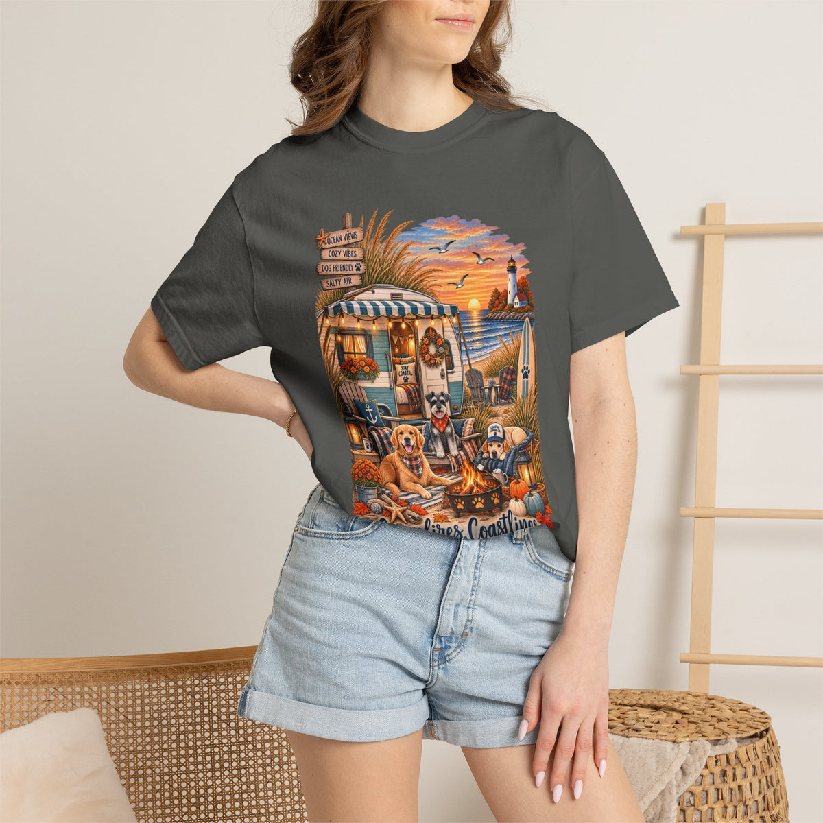 Campfires, Coastlines & Canines T-Shirt — Retro Camper Dog Camping Graphic Tee