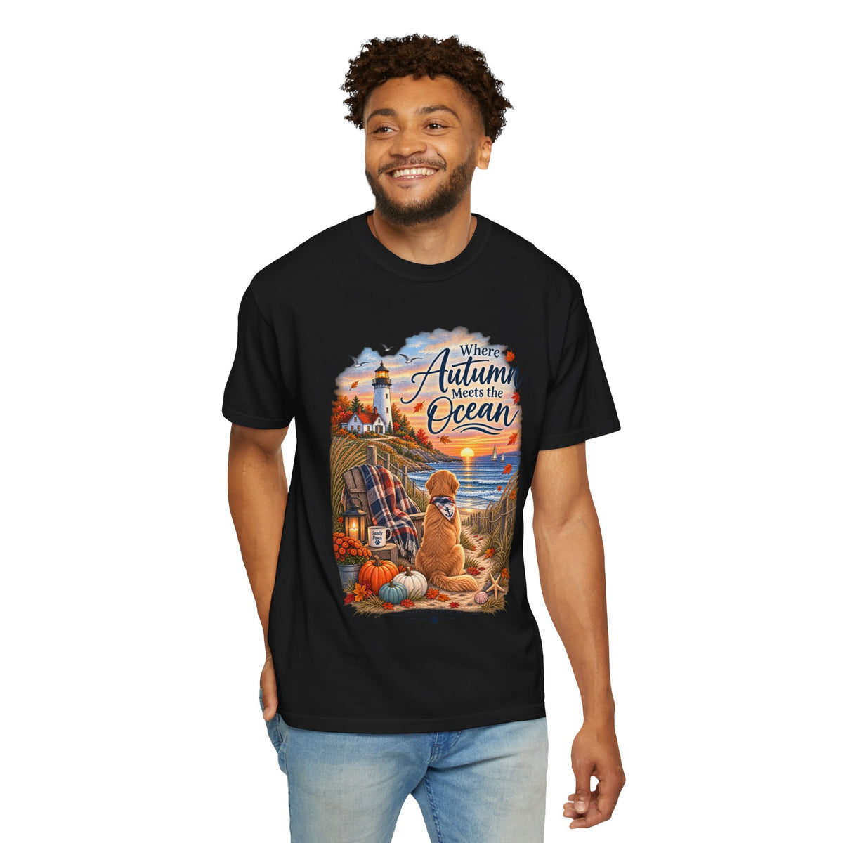 Autumn Meets the Ocean T-Shirt — Cozy Coastal Fall Tee with Golden Retriever