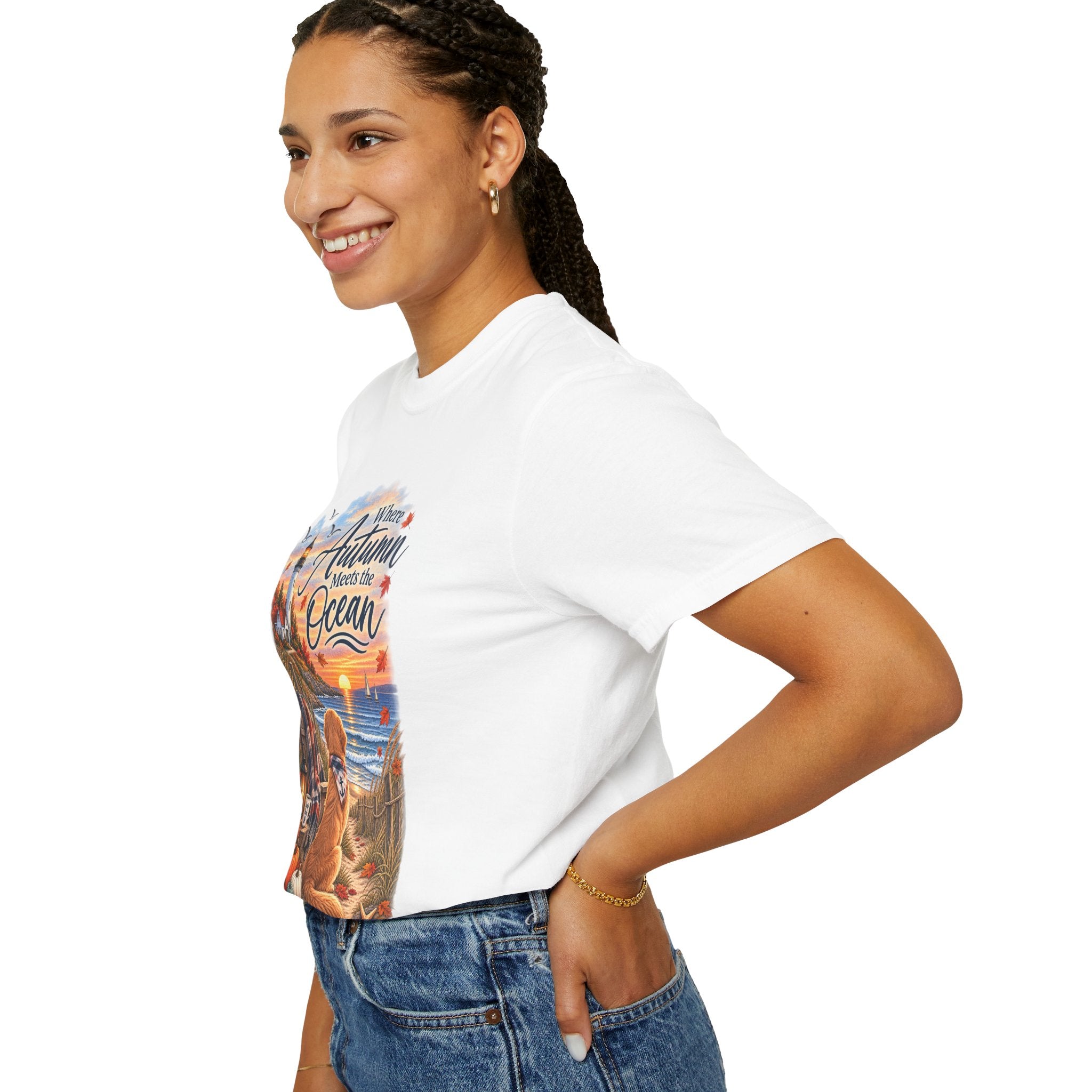 Autumn Meets the Ocean T-Shirt — Cozy Coastal Fall Tee with Golden Retriever