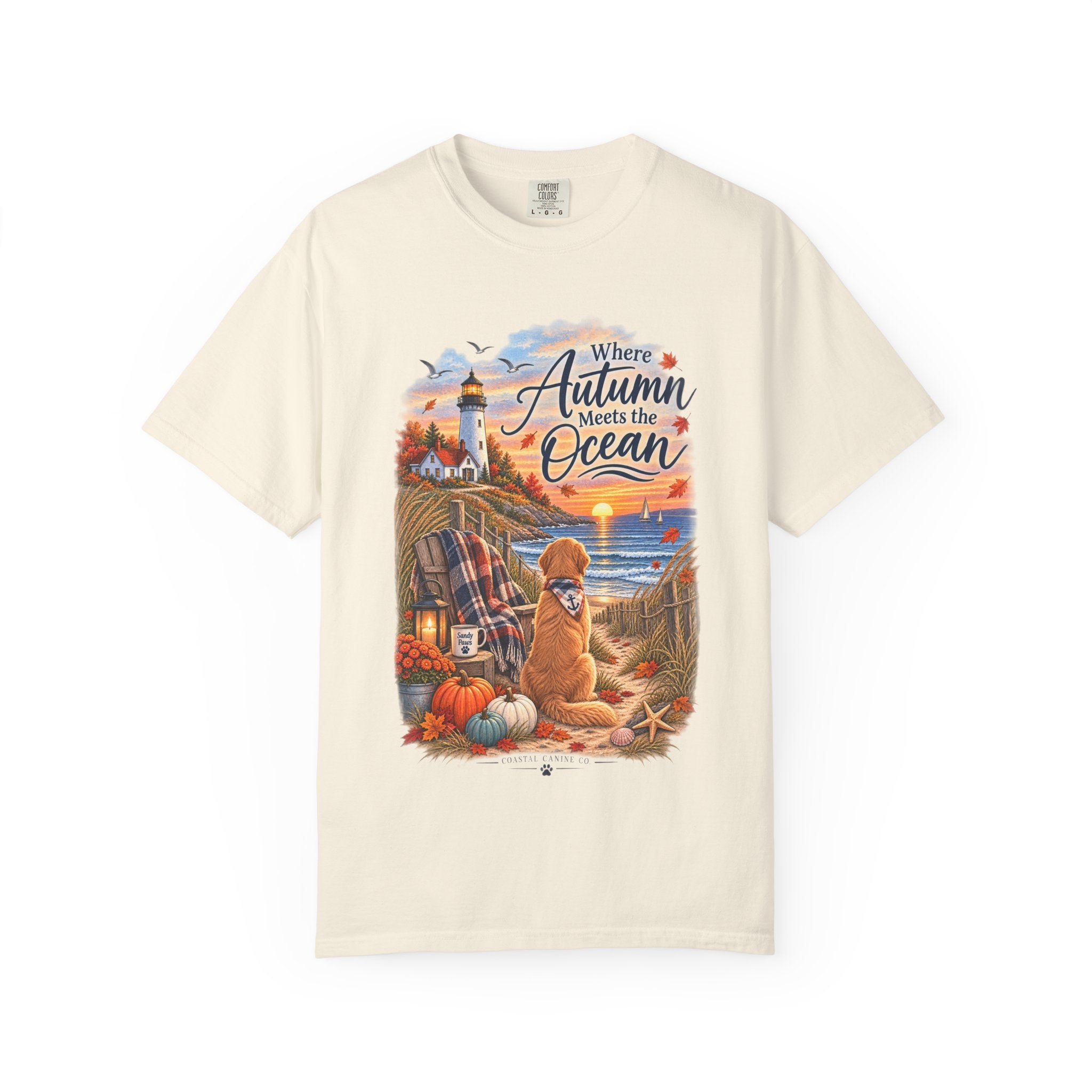 Autumn Meets the Ocean T-Shirt — Cozy Coastal Fall Tee with Golden Retriever