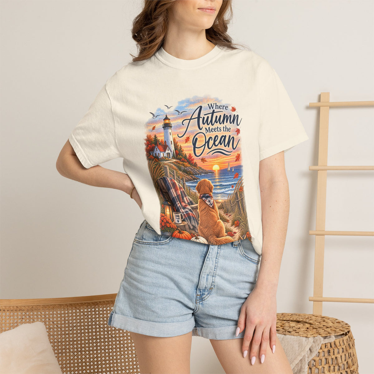 Autumn Meets the Ocean T-Shirt — Cozy Coastal Fall Tee with Golden Retriever