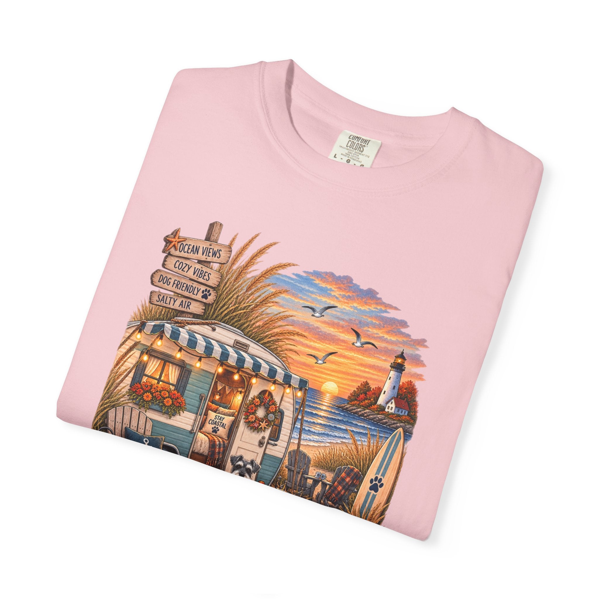 Campfires, Coastlines & Canines T-Shirt — Retro Camper Dog Camping Graphic Tee