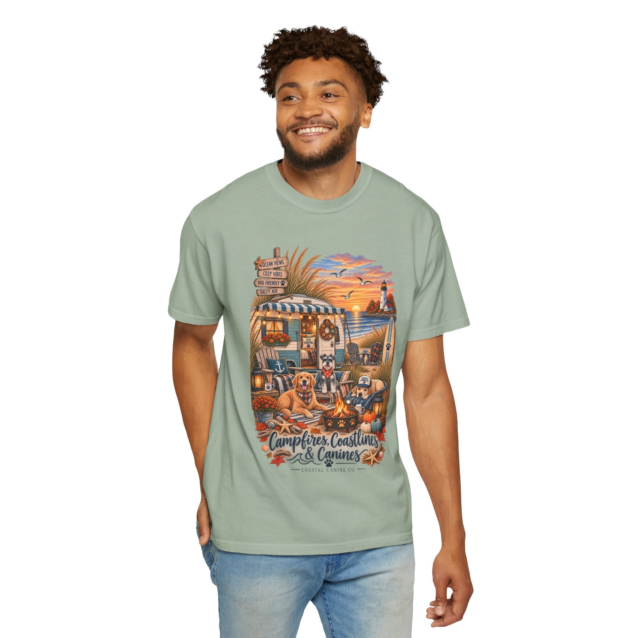 Campfires, Coastlines & Canines T-Shirt — Retro Camper Dog Camping Graphic Tee