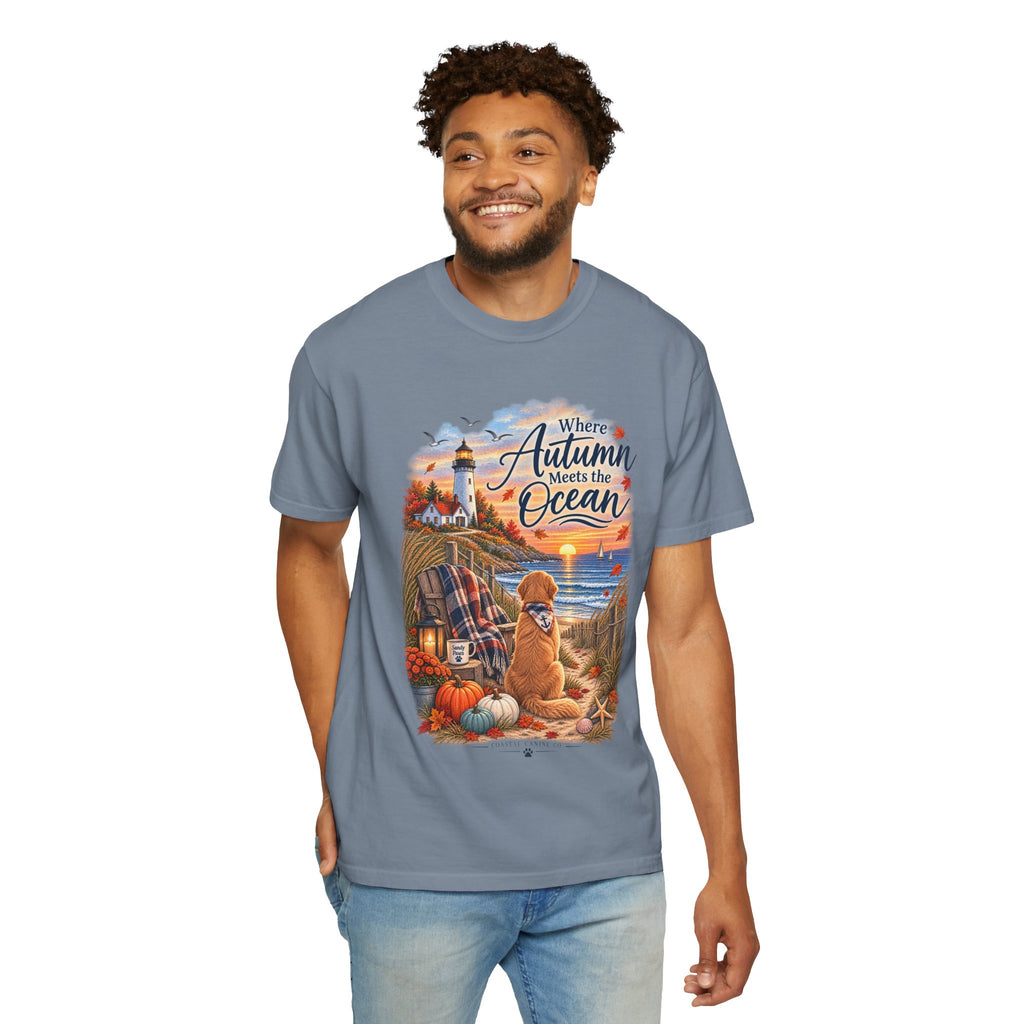 Autumn Meets the Ocean T-Shirt — Cozy Coastal Fall Tee with Golden Retriever