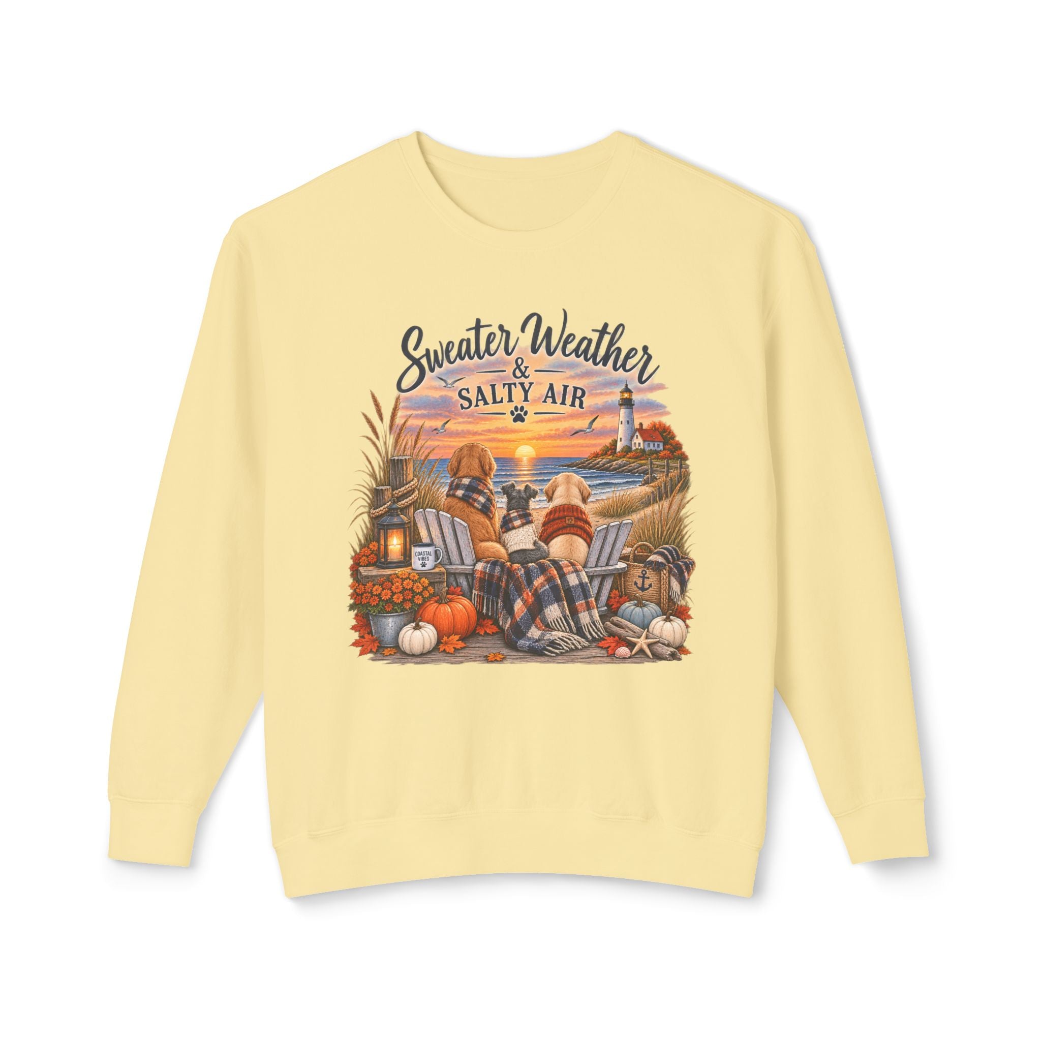 Sweater Weather & Salty Air Crewneck Sweatshirt — Coastal Fall Sunset Design