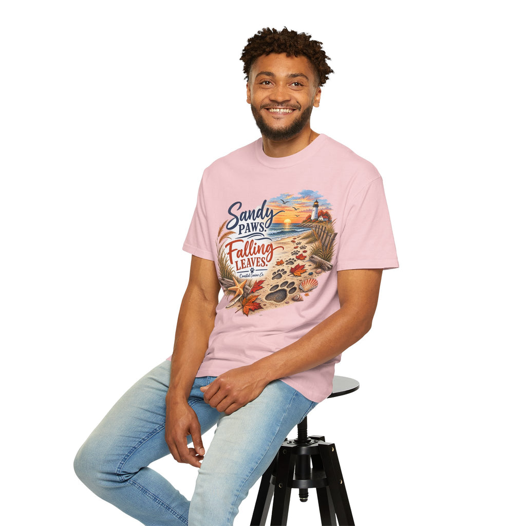 Sandy Paws Falling Leaves Beach T-Shirt — Autumn Coastal Dog Lover Tee