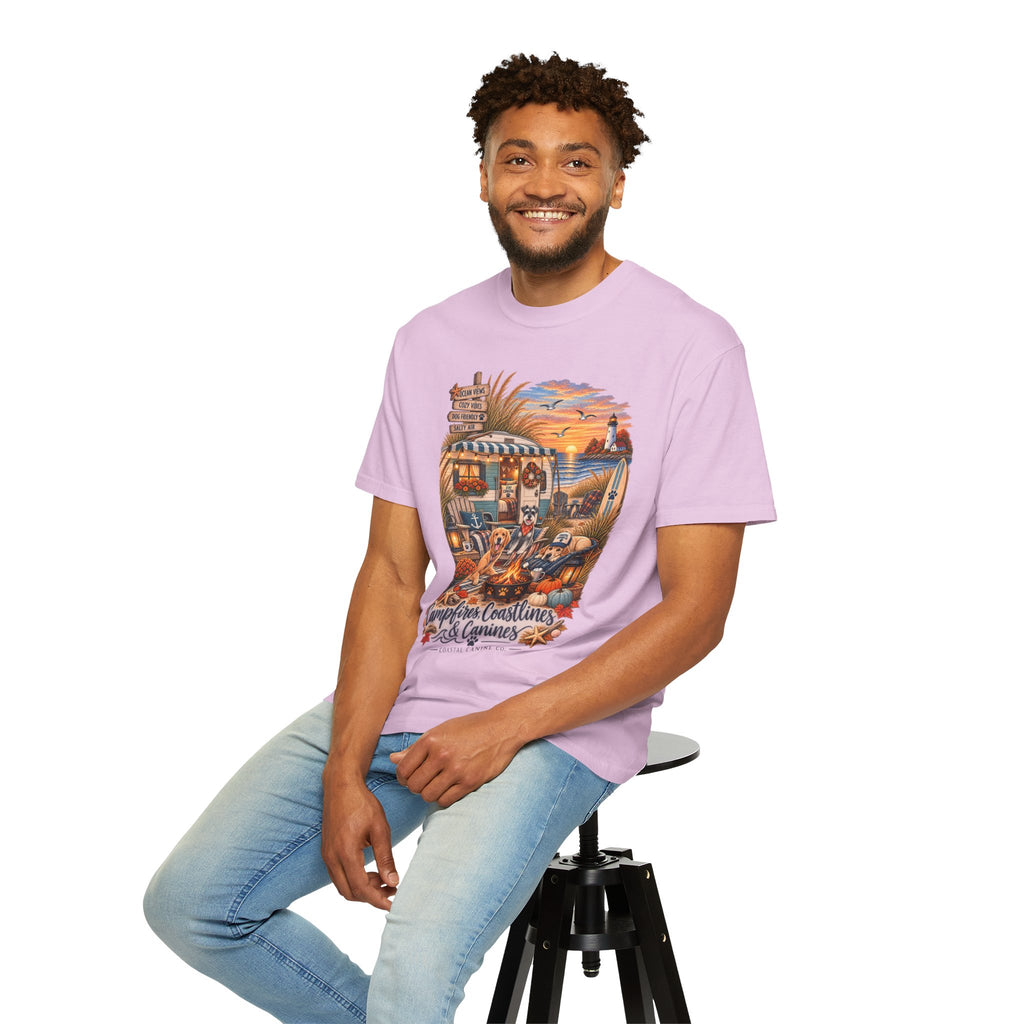Campfires, Coastlines & Canines T-Shirt — Retro Camper Dog Camping Graphic Tee