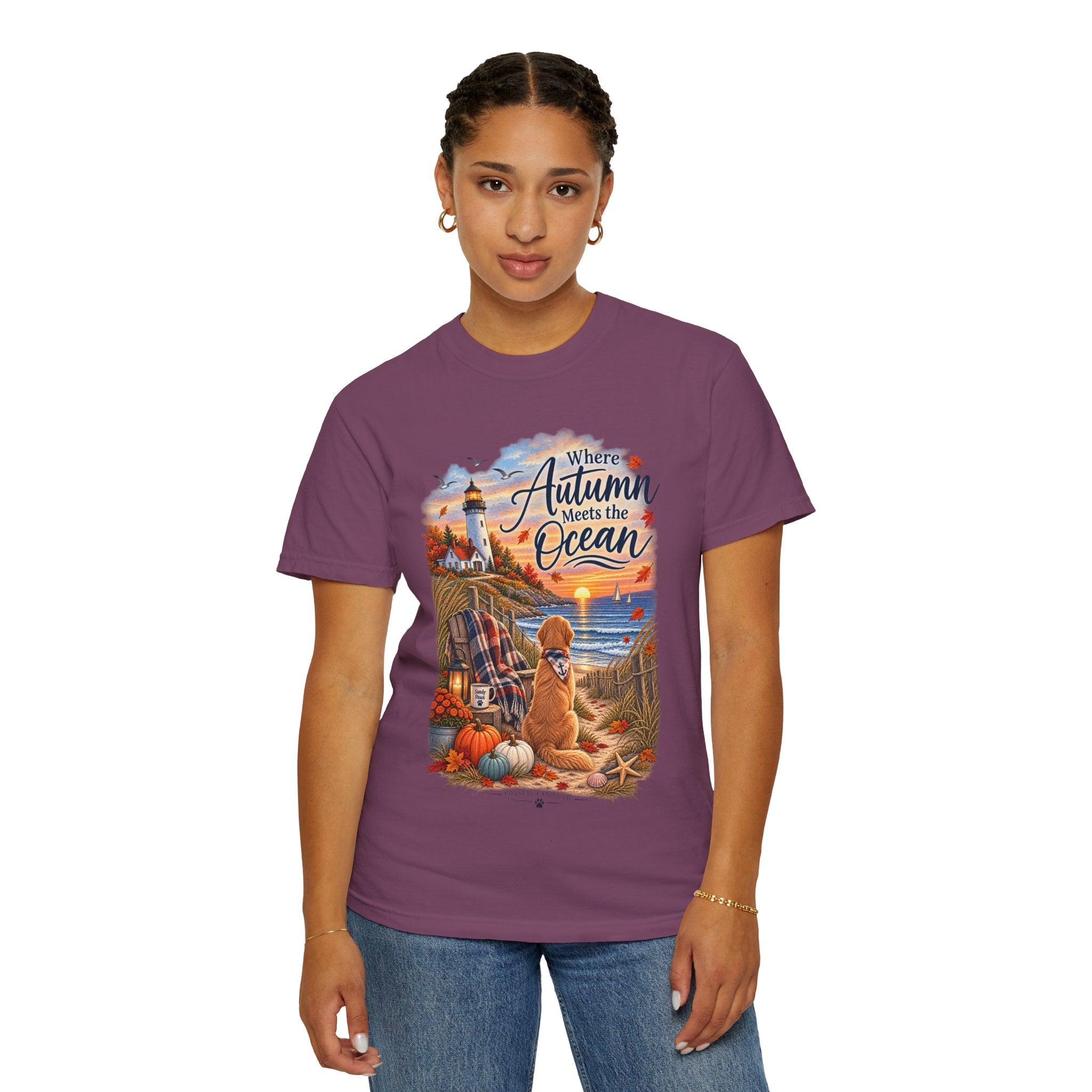 Autumn Meets the Ocean T-Shirt — Cozy Coastal Fall Tee with Golden Retriever