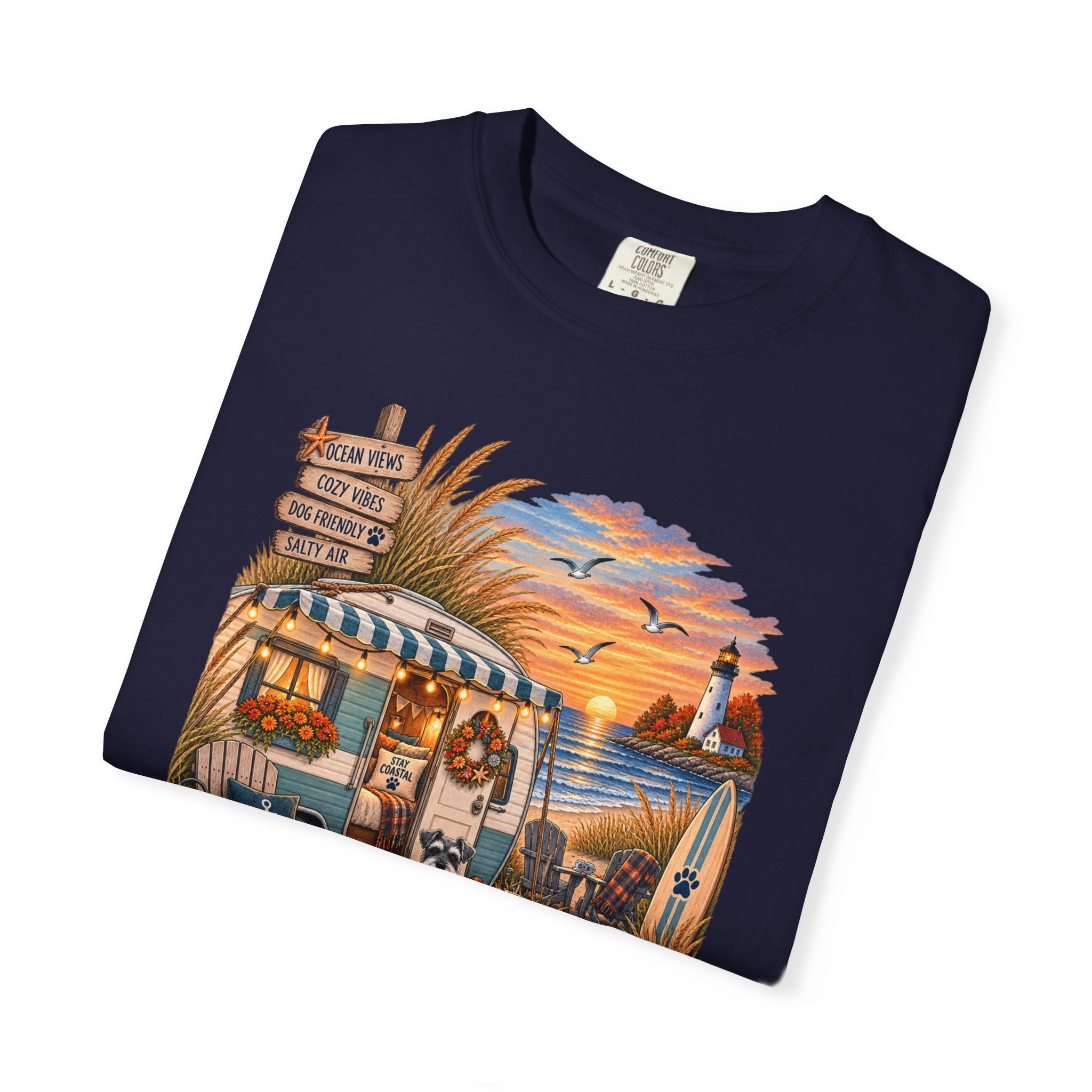 Campfires, Coastlines & Canines T-Shirt — Retro Camper Dog Camping Graphic Tee