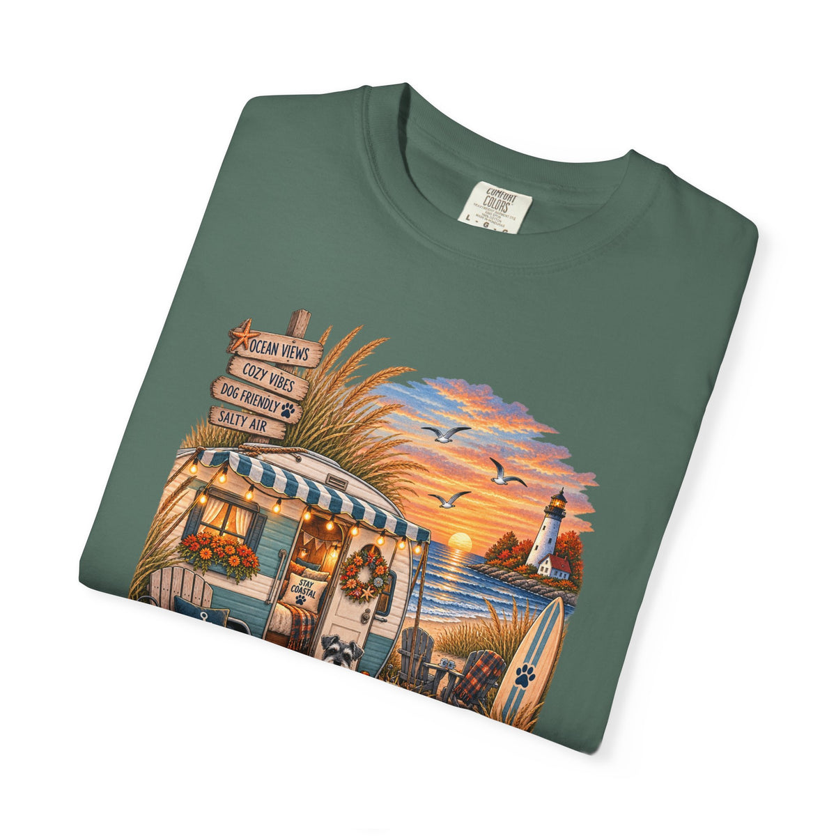 Campfires, Coastlines & Canines T-Shirt — Retro Camper Dog Camping Graphic Tee