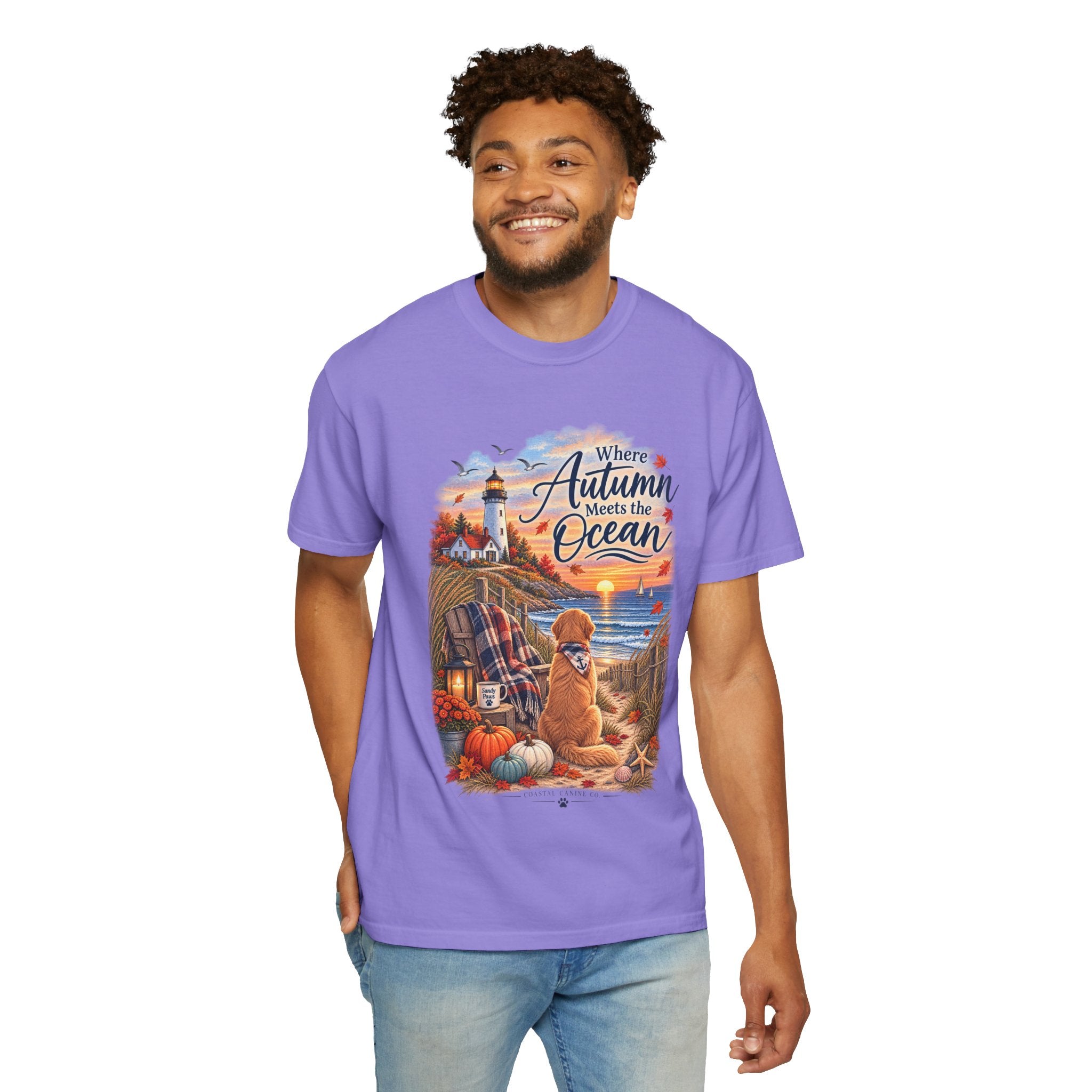 Autumn Meets the Ocean T-Shirt — Cozy Coastal Fall Tee with Golden Retriever