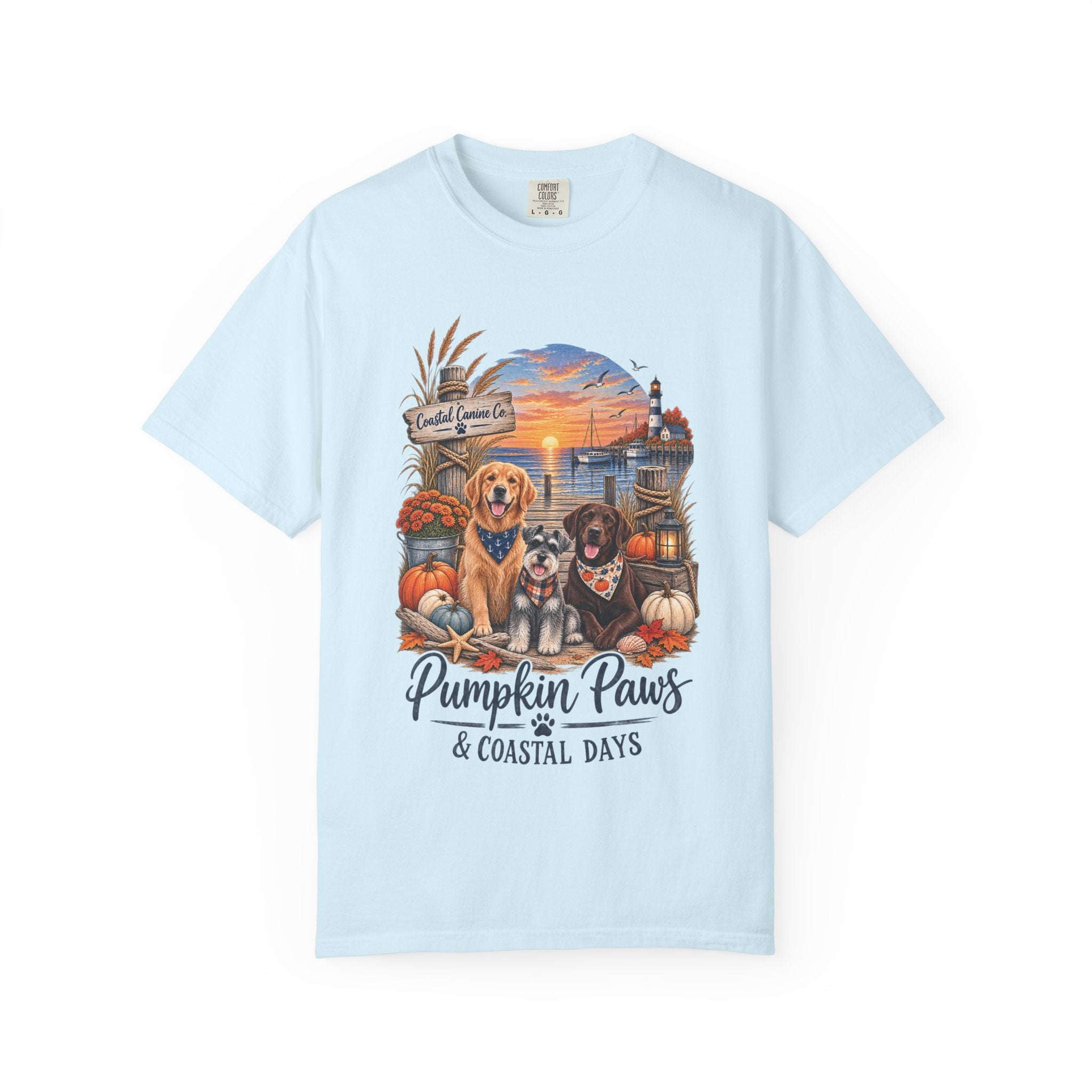 Pumpkin Paws & Coastal Days T-Shirt — Autumn Dogs by the Harbor