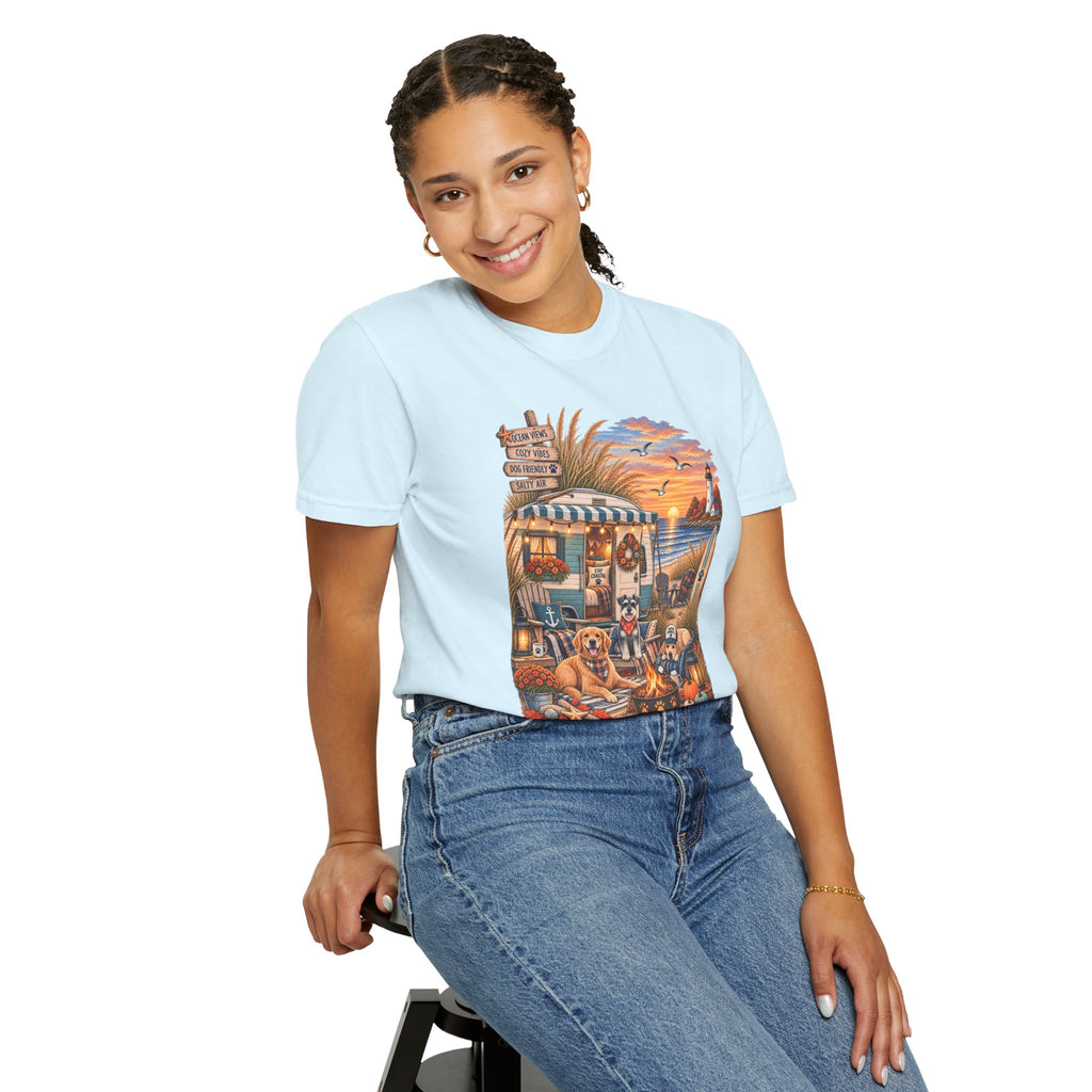 Campfires, Coastlines & Canines T-Shirt — Retro Camper Dog Camping Graphic Tee