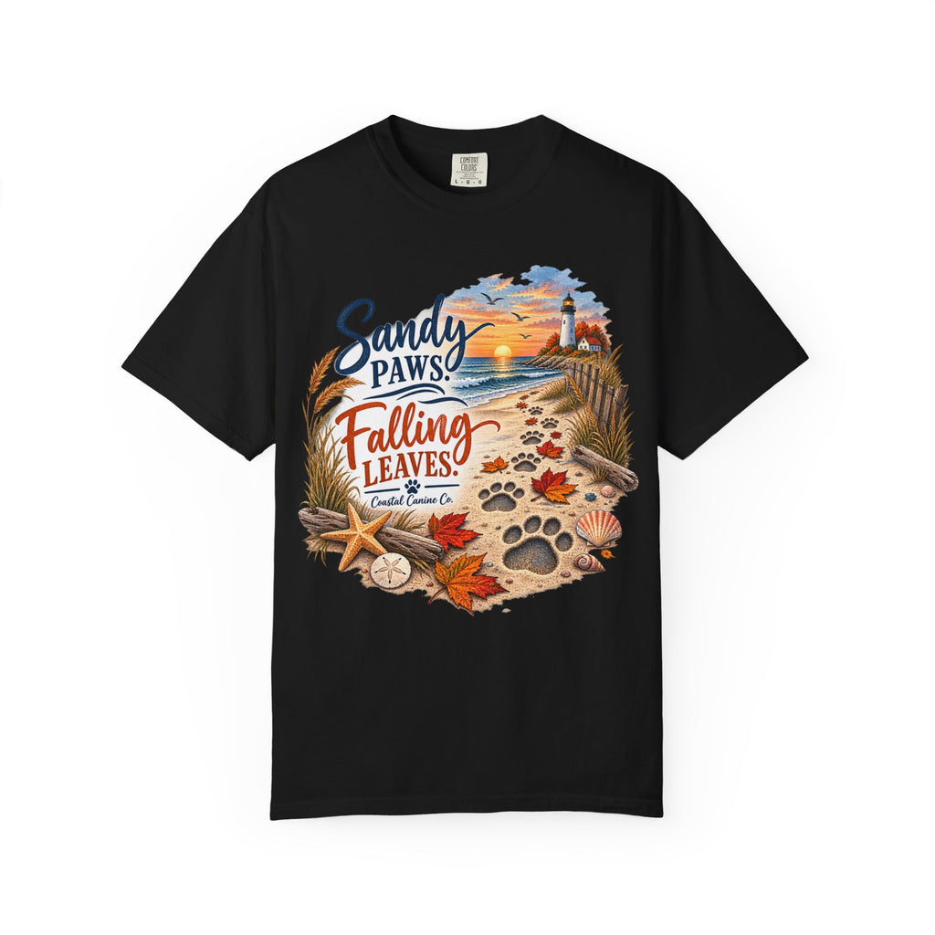 Sandy Paws Falling Leaves Beach T-Shirt — Autumn Coastal Dog Lover Tee