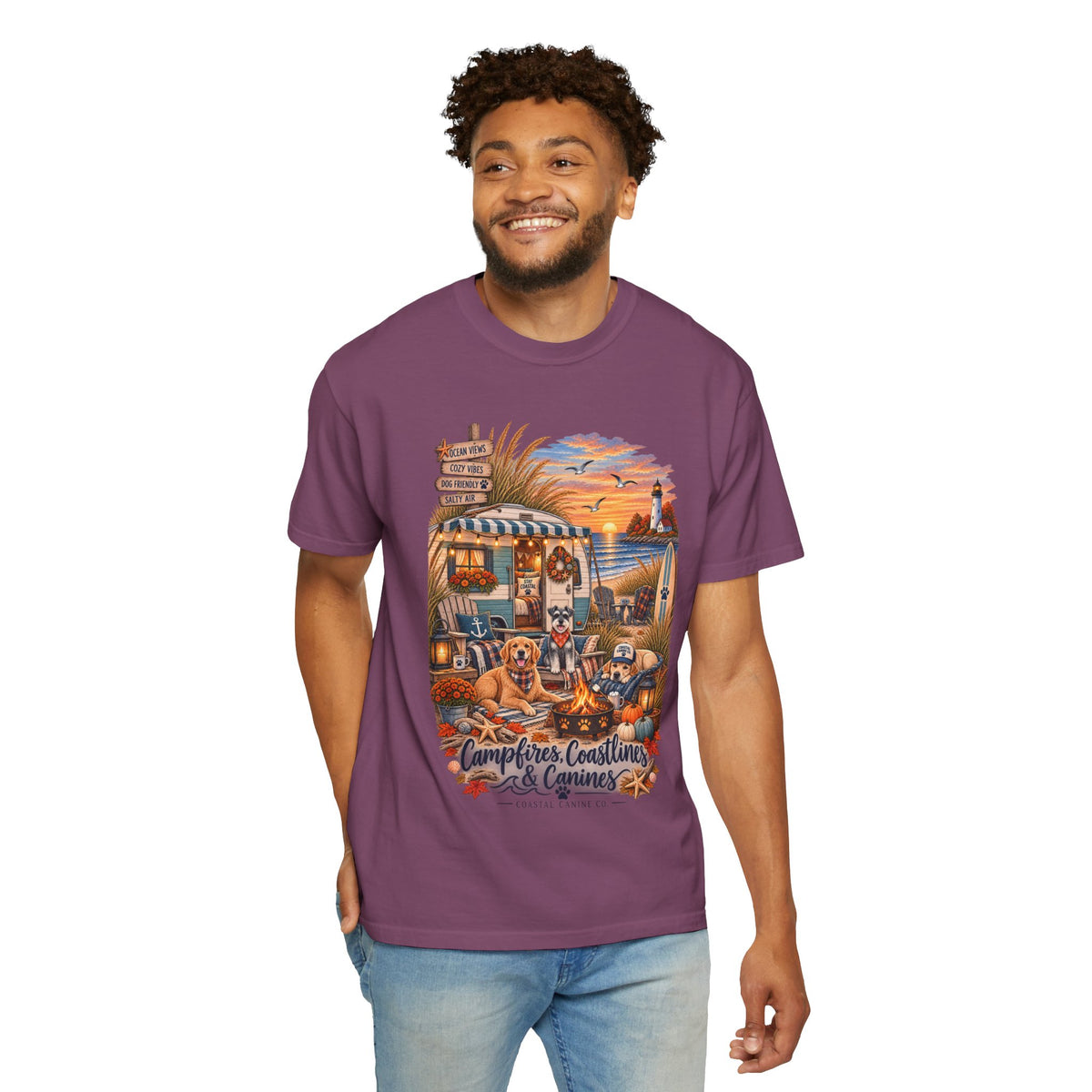 Campfires, Coastlines & Canines T-Shirt — Retro Camper Dog Camping Graphic Tee