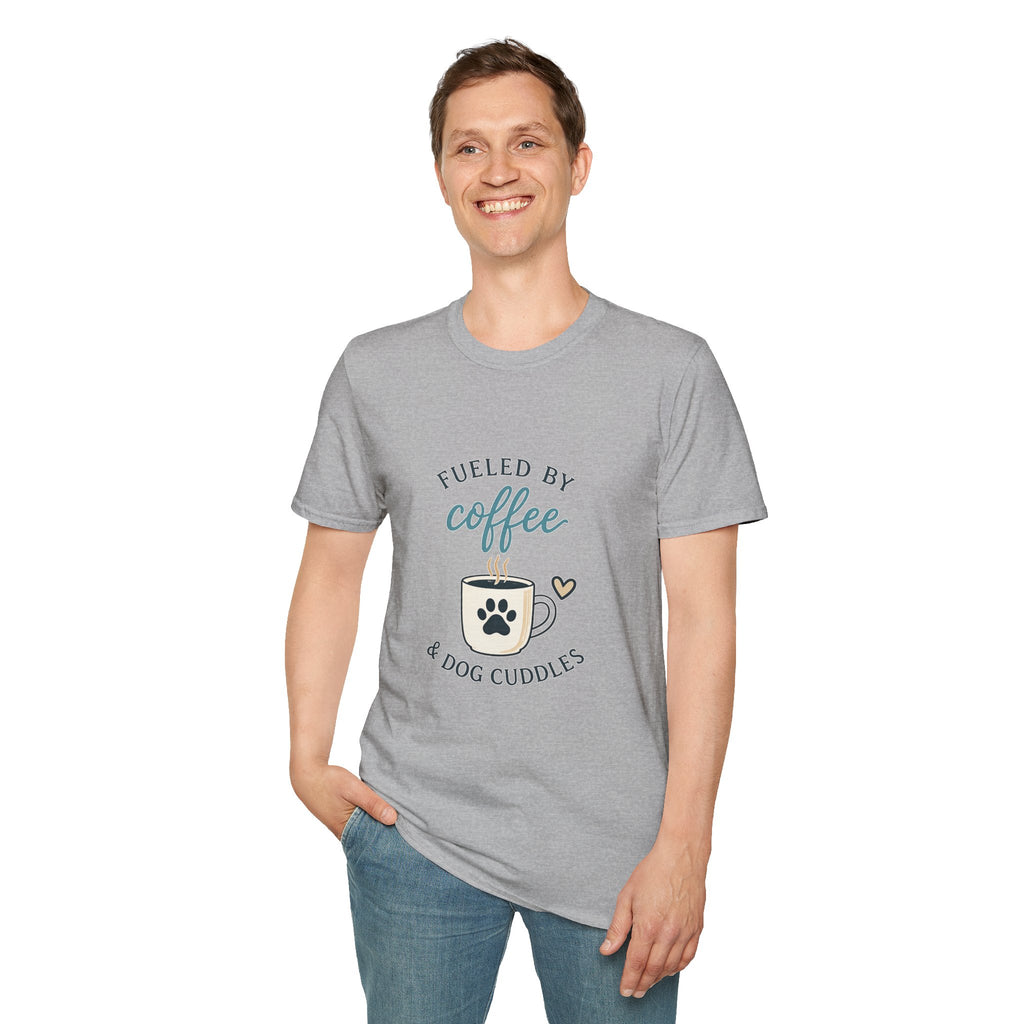 Fueled by Coffee & Dog Cuddles T-Shirt — Cute Coffee Lover Tee for Dog Moms