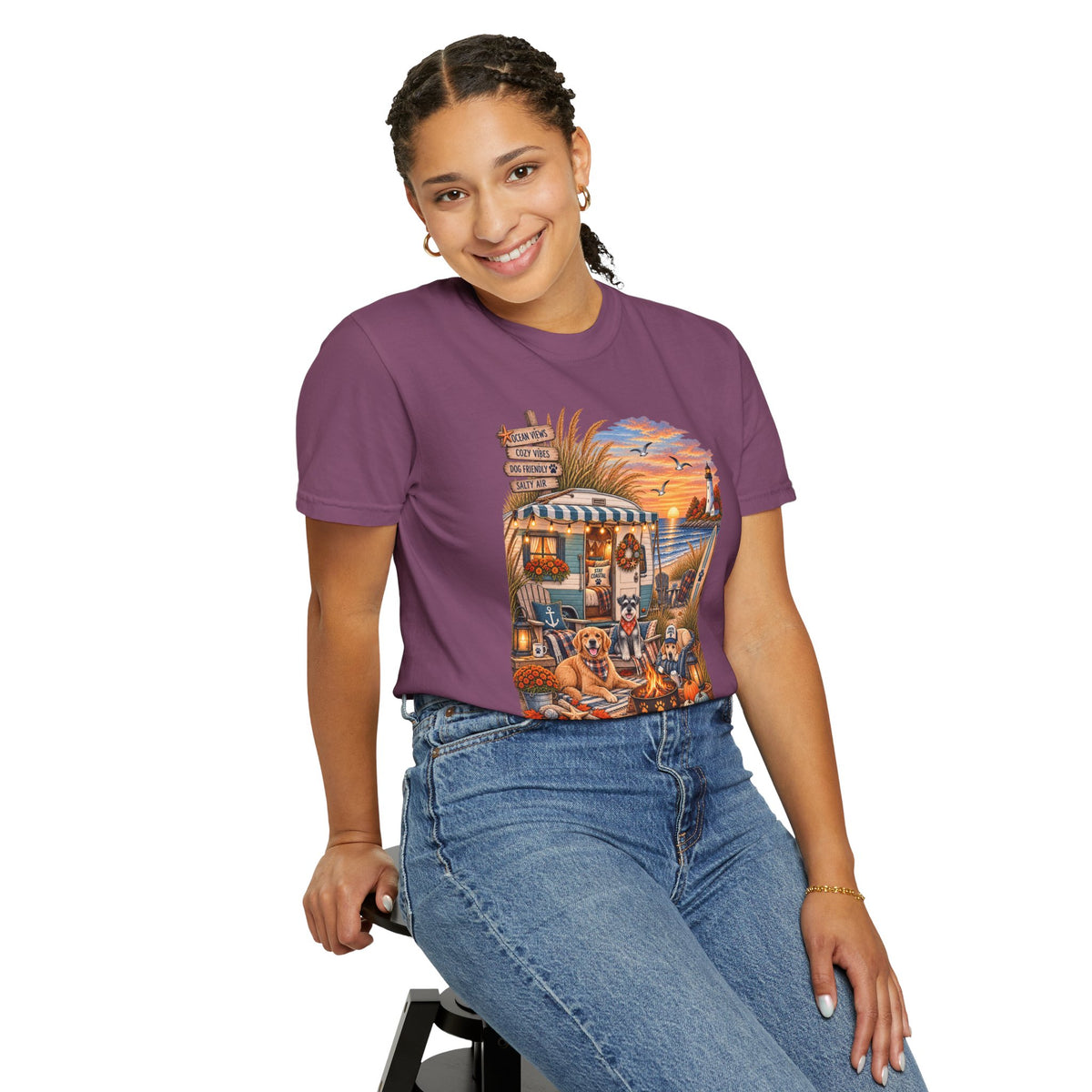 Campfires, Coastlines & Canines T-Shirt — Retro Camper Dog Camping Graphic Tee