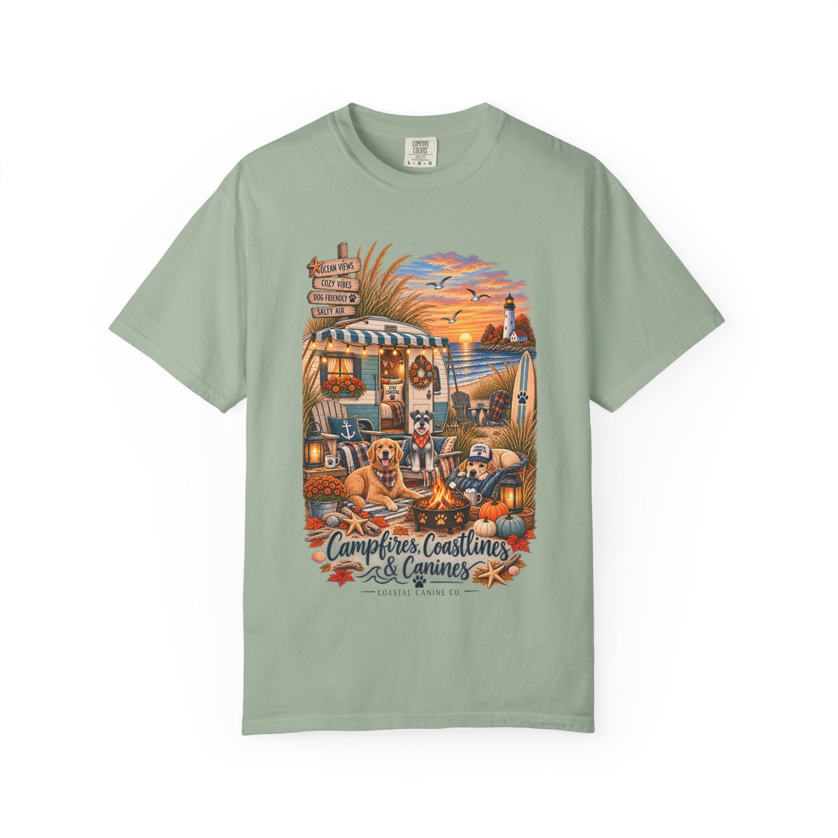 Campfires, Coastlines & Canines T-Shirt — Retro Camper Dog Camping Graphic Tee