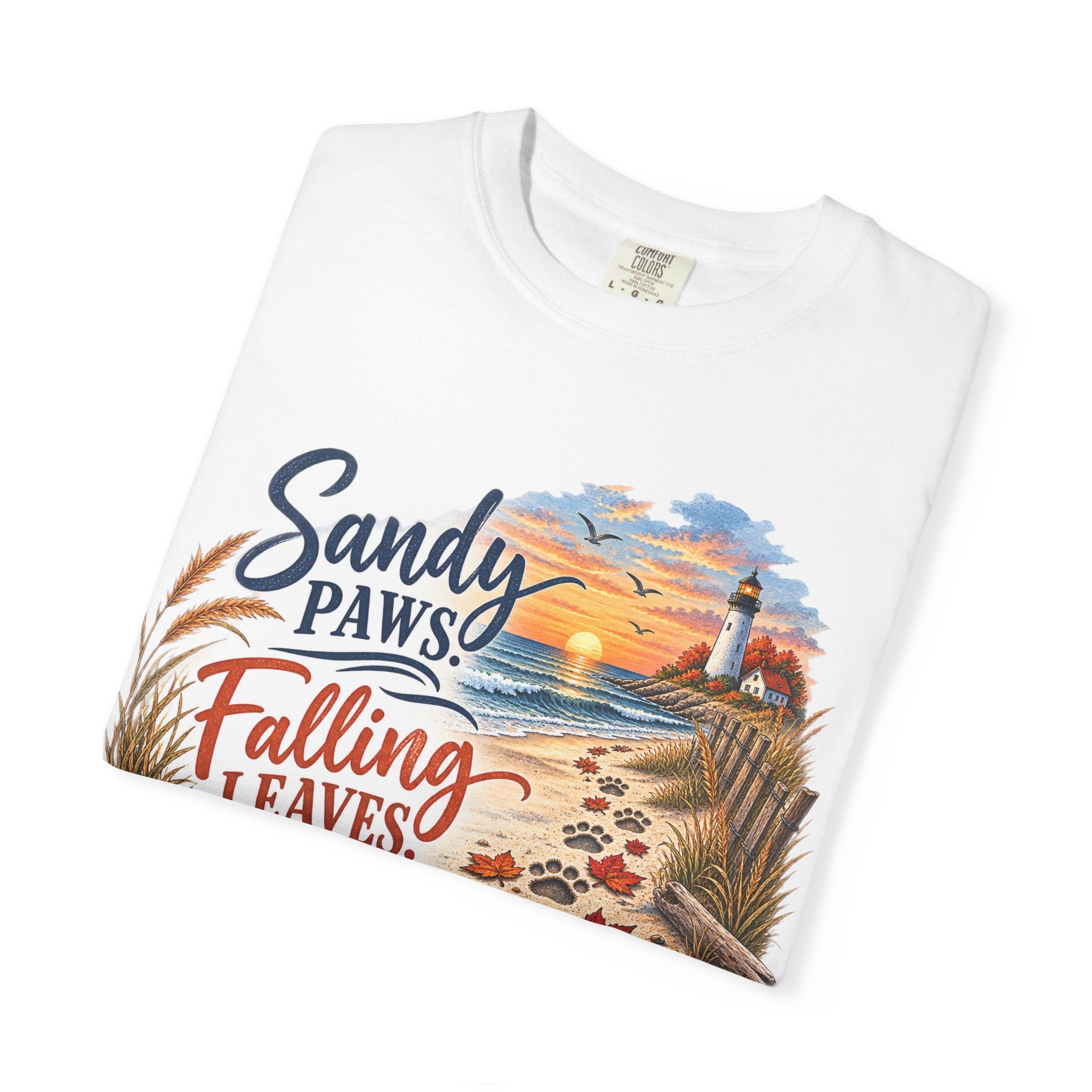 Sandy Paws Falling Leaves Beach T-Shirt — Autumn Coastal Dog Lover Tee