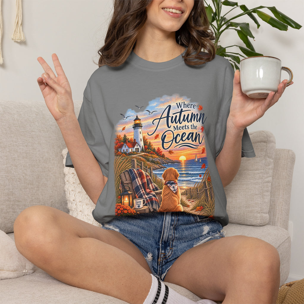 Autumn Meets the Ocean T-Shirt — Cozy Coastal Fall Tee with Golden Retriever